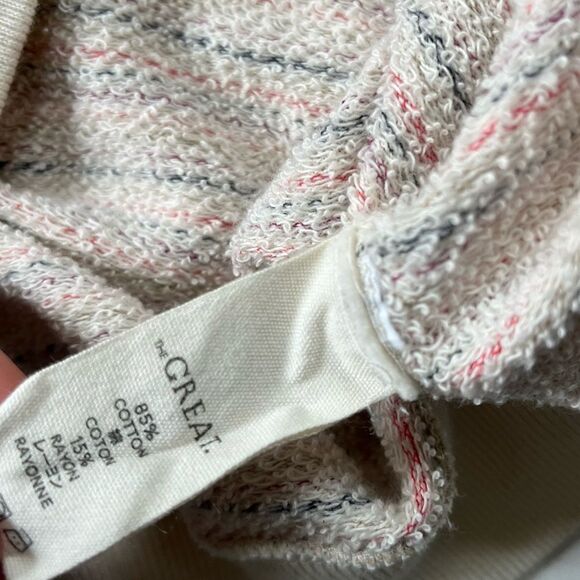 THE GREAT. Striped Crew Neck Sweater - Pink and Cream - Picture 9 of 11